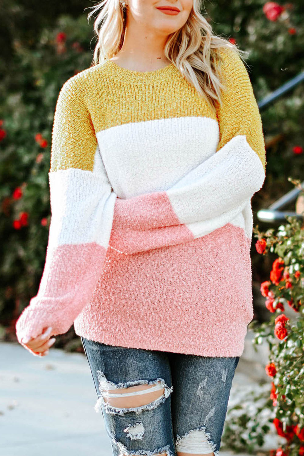 Yellow Colorblock Bubble Sleeve Plus Size Sweater