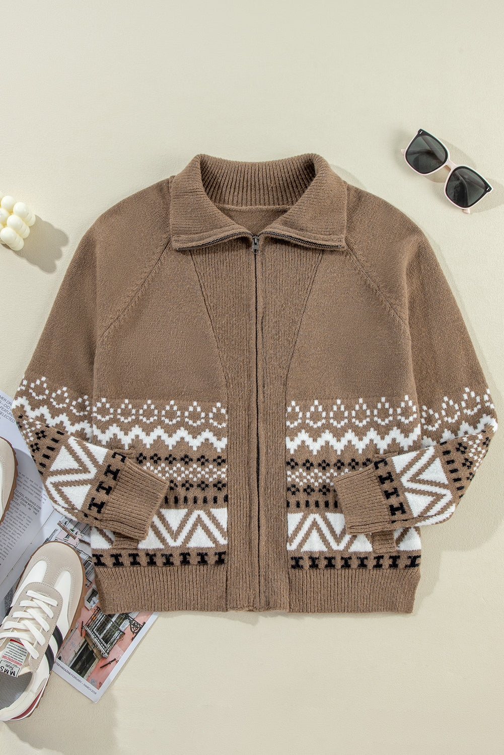 Brown Western Printed Ribbed Trim Collared Zip up Cardigan