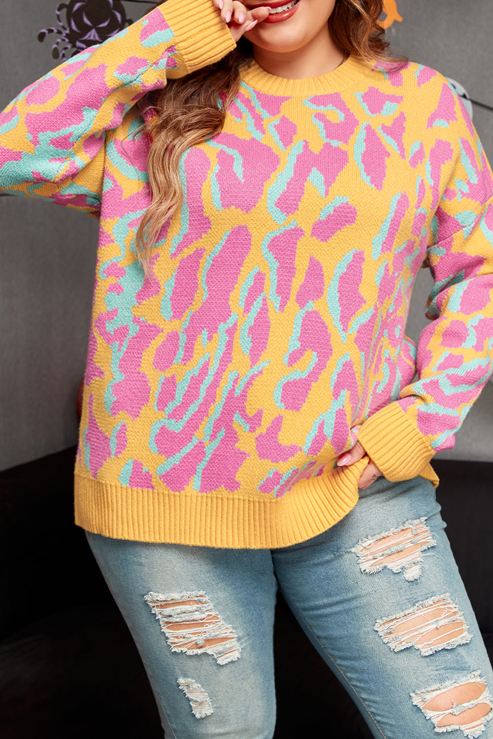 Bright Pink Plus Size Leopard Ribbed Trim Sweater