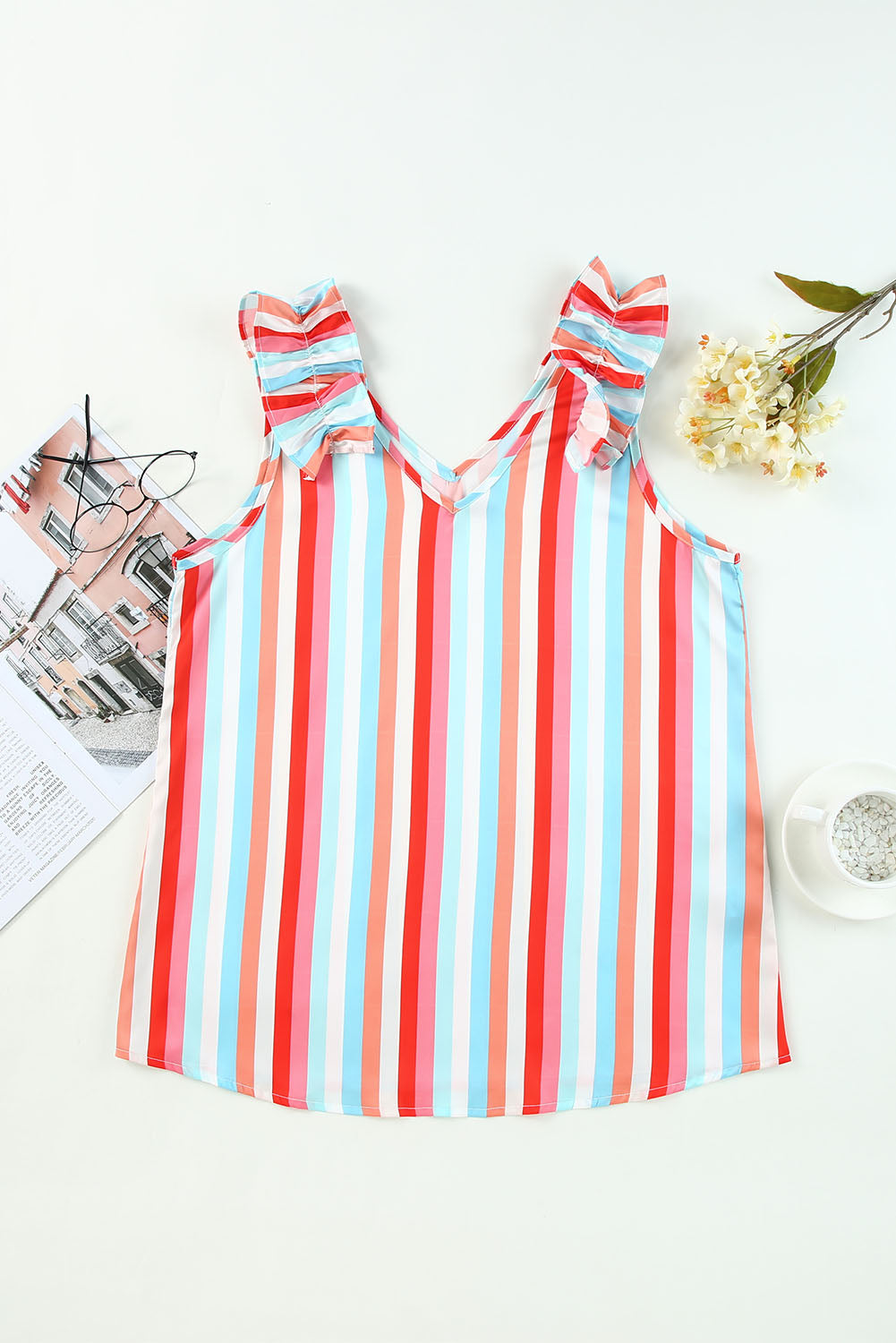 Multicolor Striped V Neck Ruffle Straps Tank Top