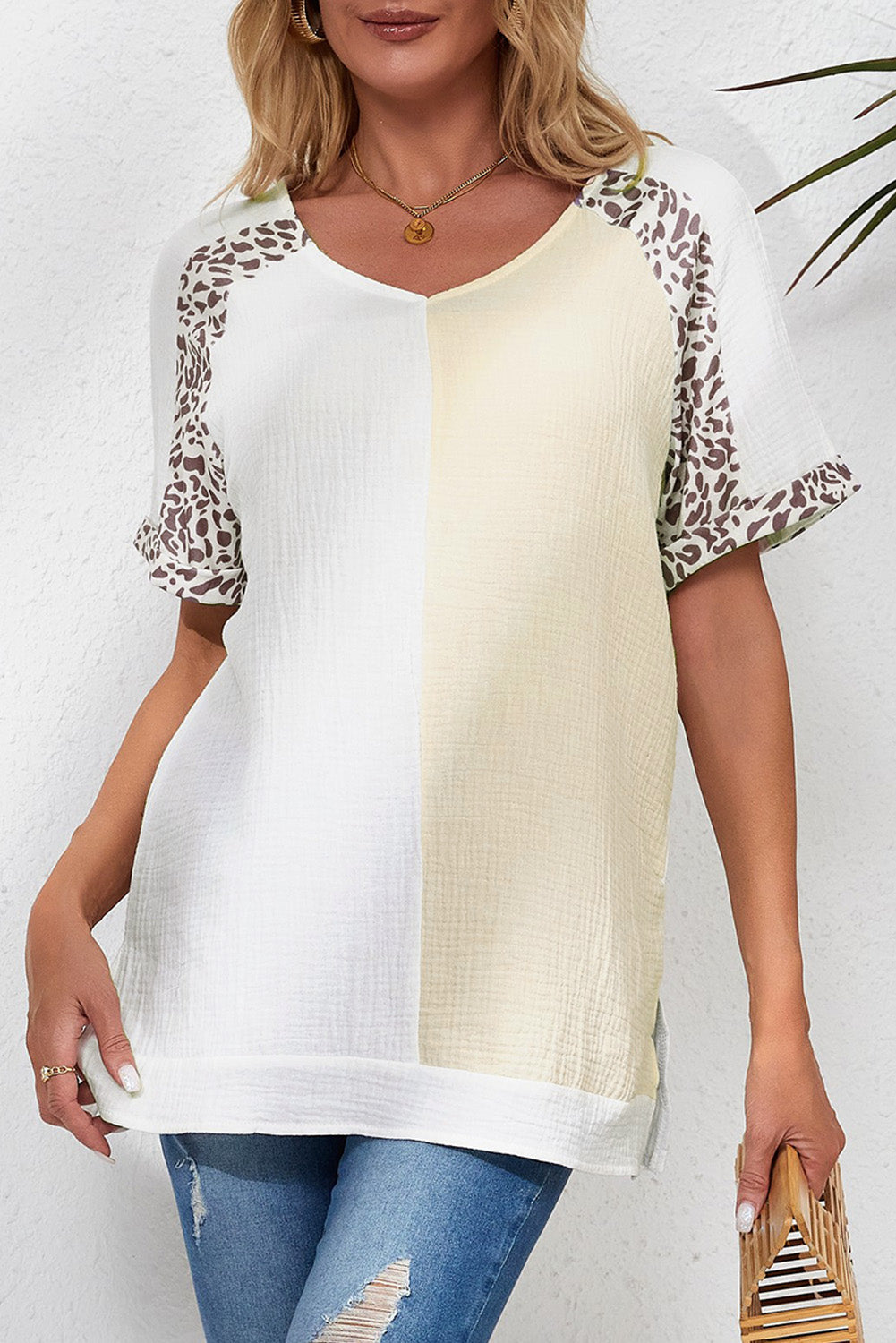 Blusa de patchwork con ribete de leopardo y color desgastado en color blanco