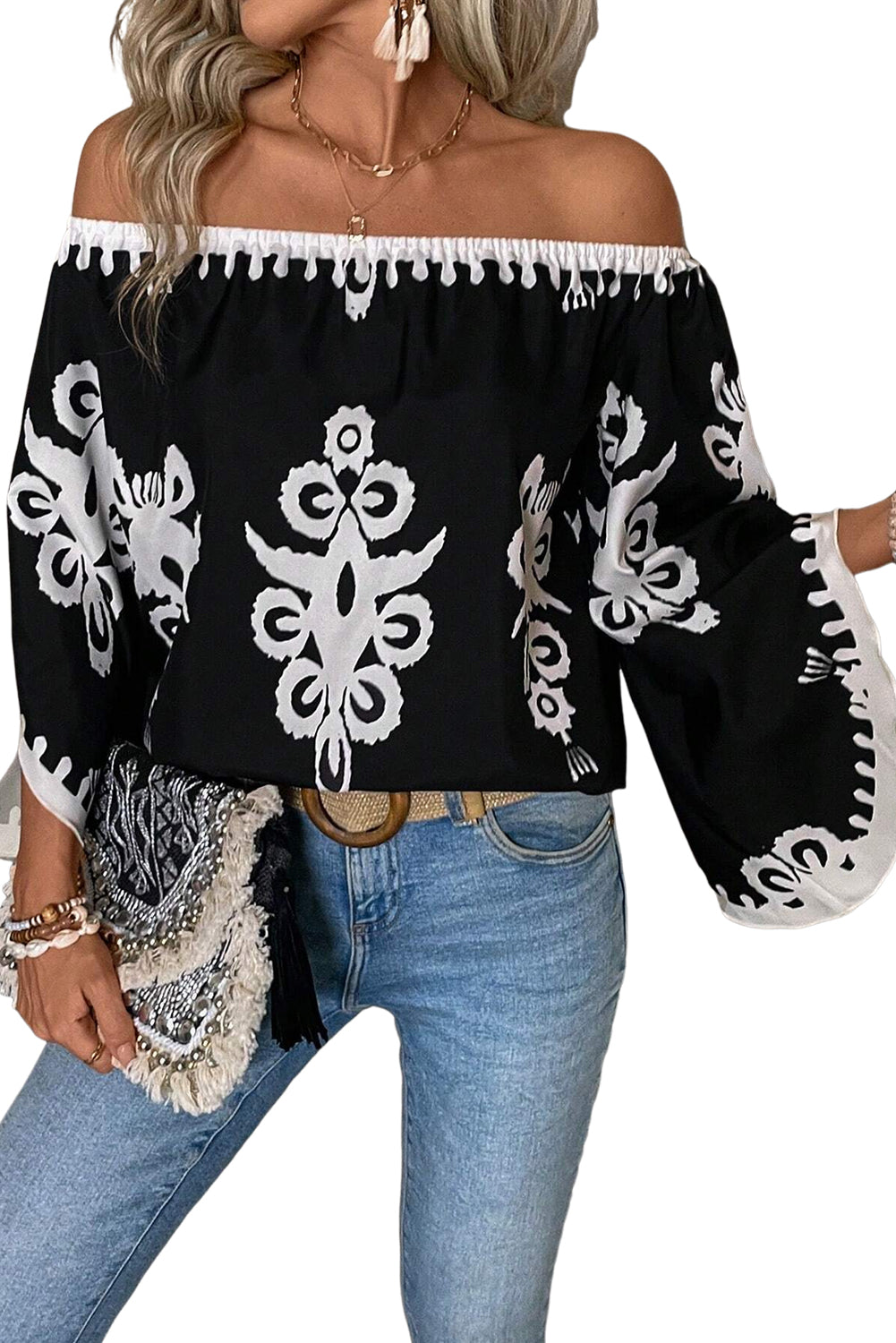 Black Tribal Printed Off Shoulder Loose Sleeve Blouse