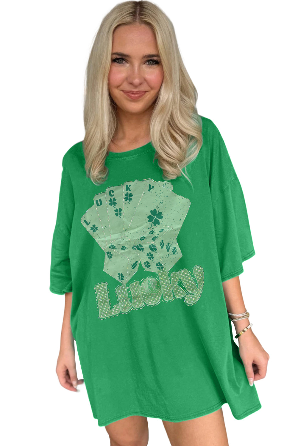 Bright Green Rhinestone Lucky Poker Cards Oversized T Shirt Mini Dress