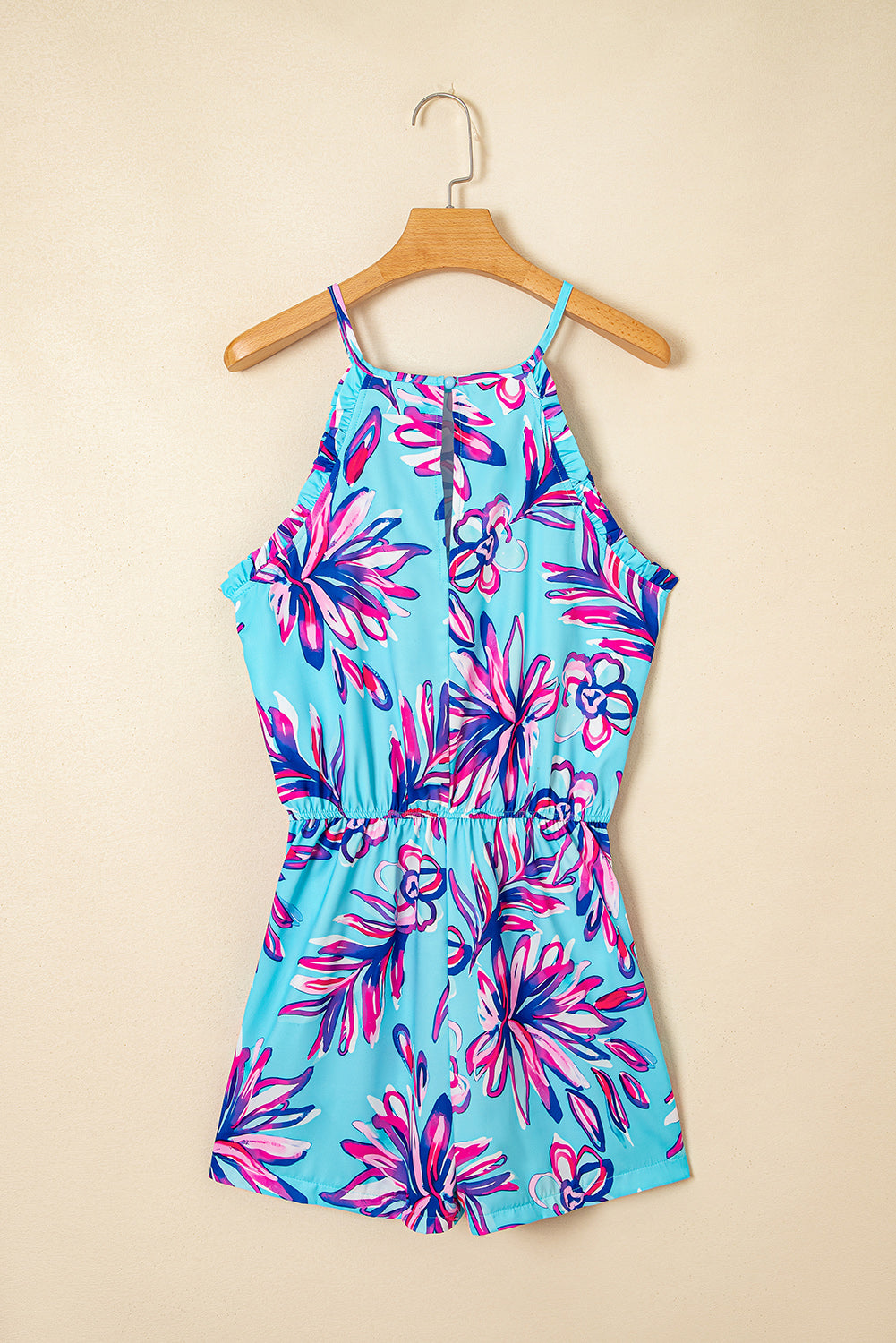 Purple Floral Print Pocketed Frill Sleeveless Romper