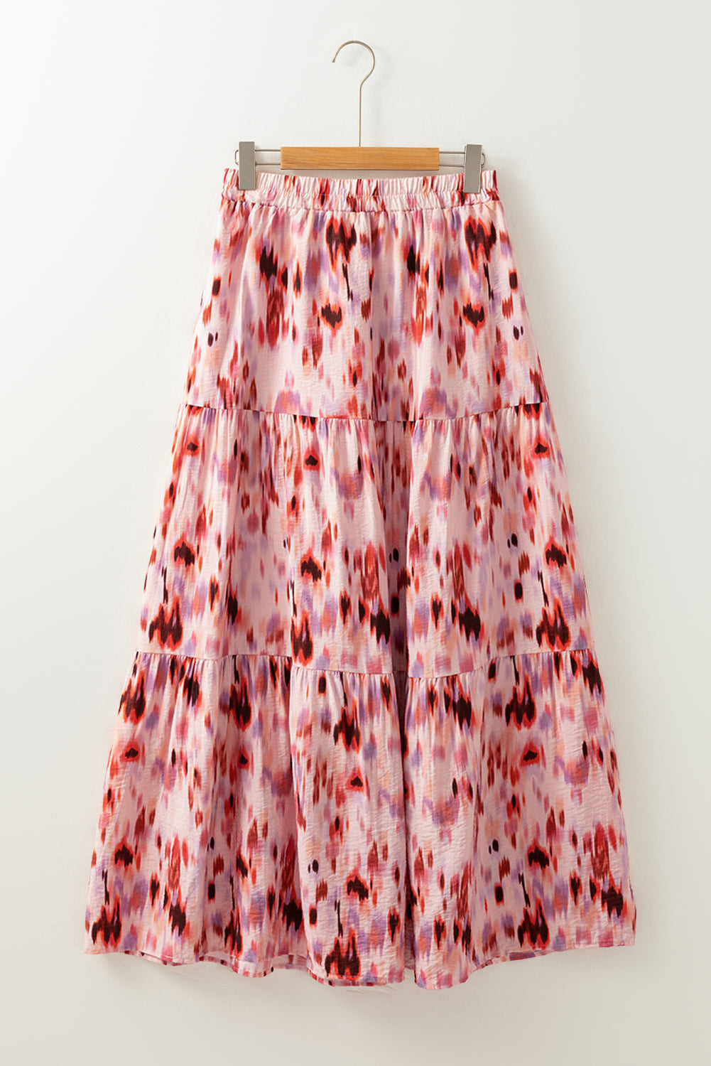 Pink Abstract Watercolor Tie Dye Tiered Maxi Skirt