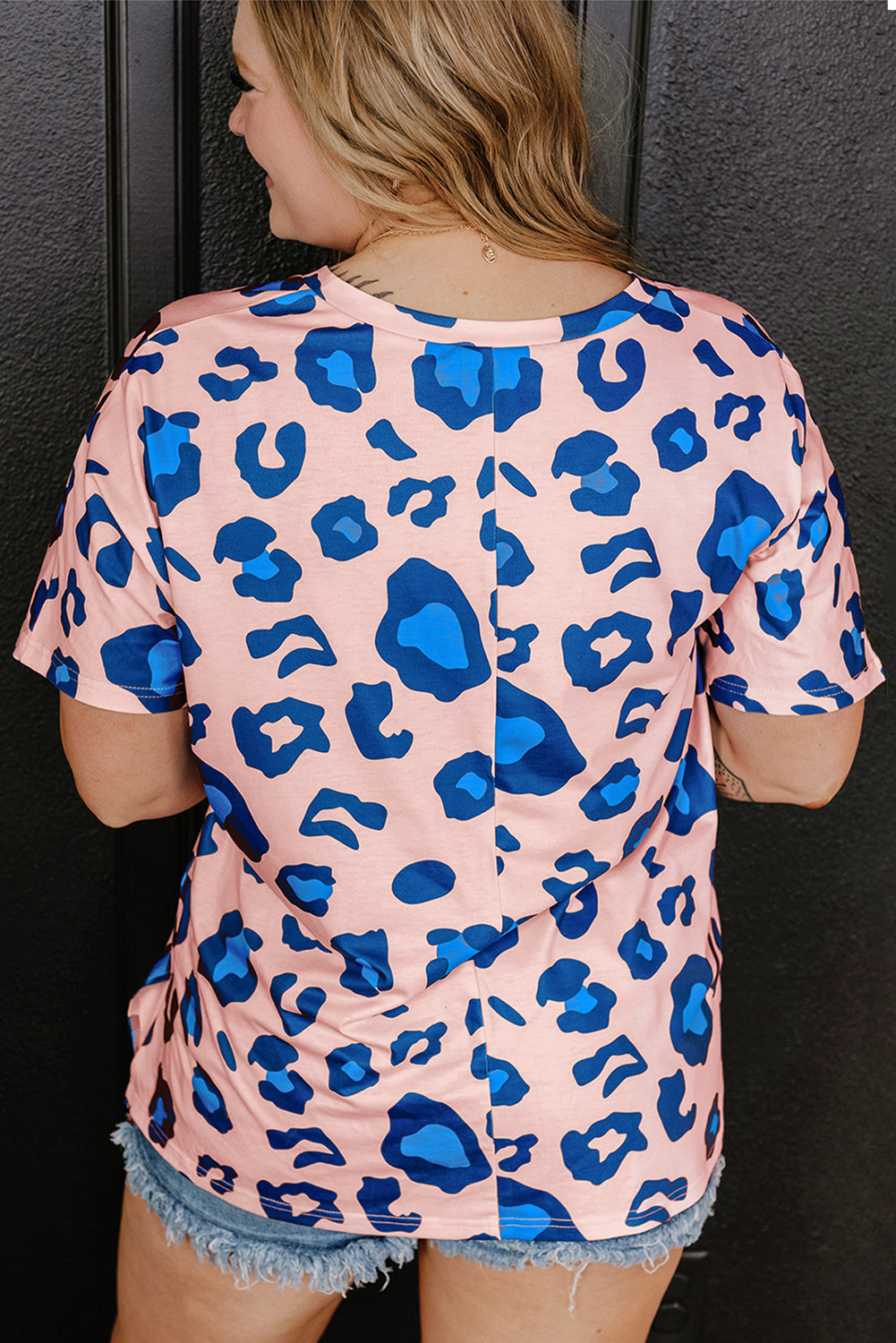 Pink Leopard Print V Neck Plus Size Tee