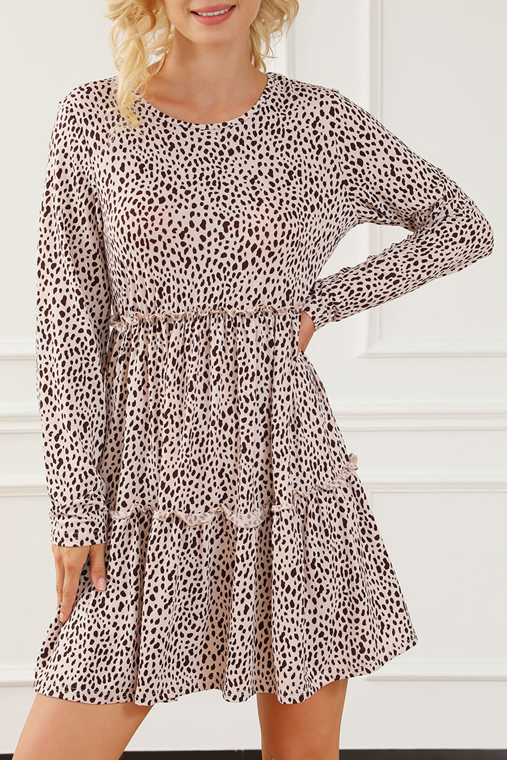 Leopard Animal Print Tiered Long Sleeve Dress