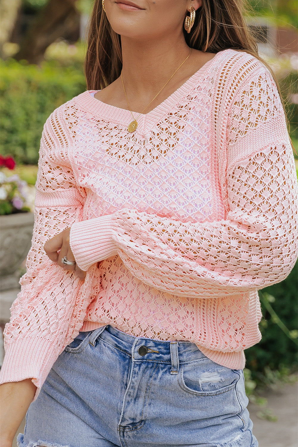 Pink Loose Pointelle Knit Ribbed V Neck Sweater