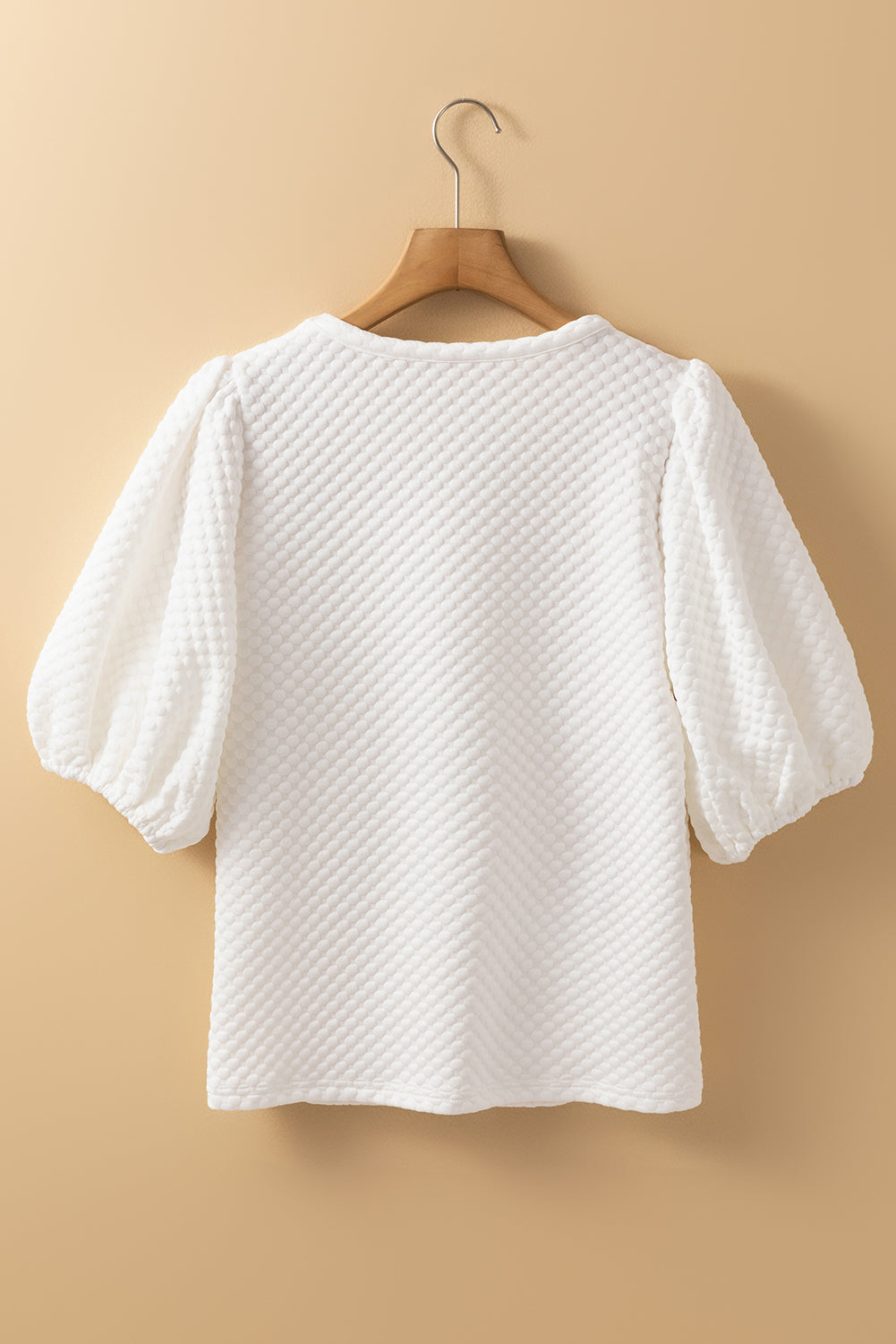 White Solid Textured O Neck Puff Sleeve Blouse