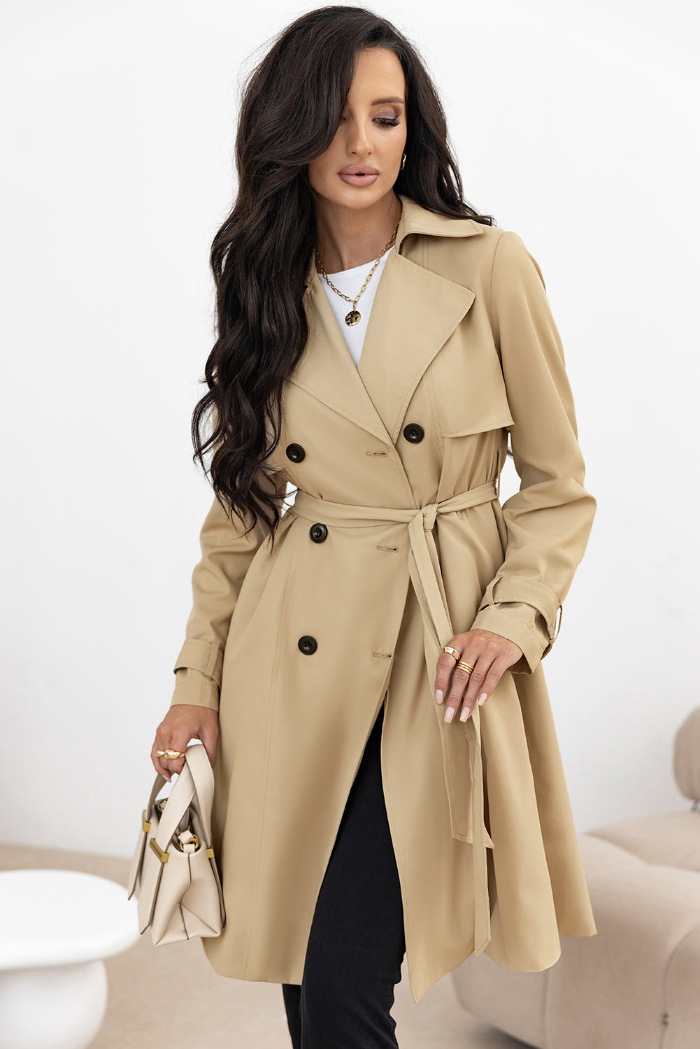 Pale Khaki Solid Color Lapel Collar Waist Tie Wind Coat