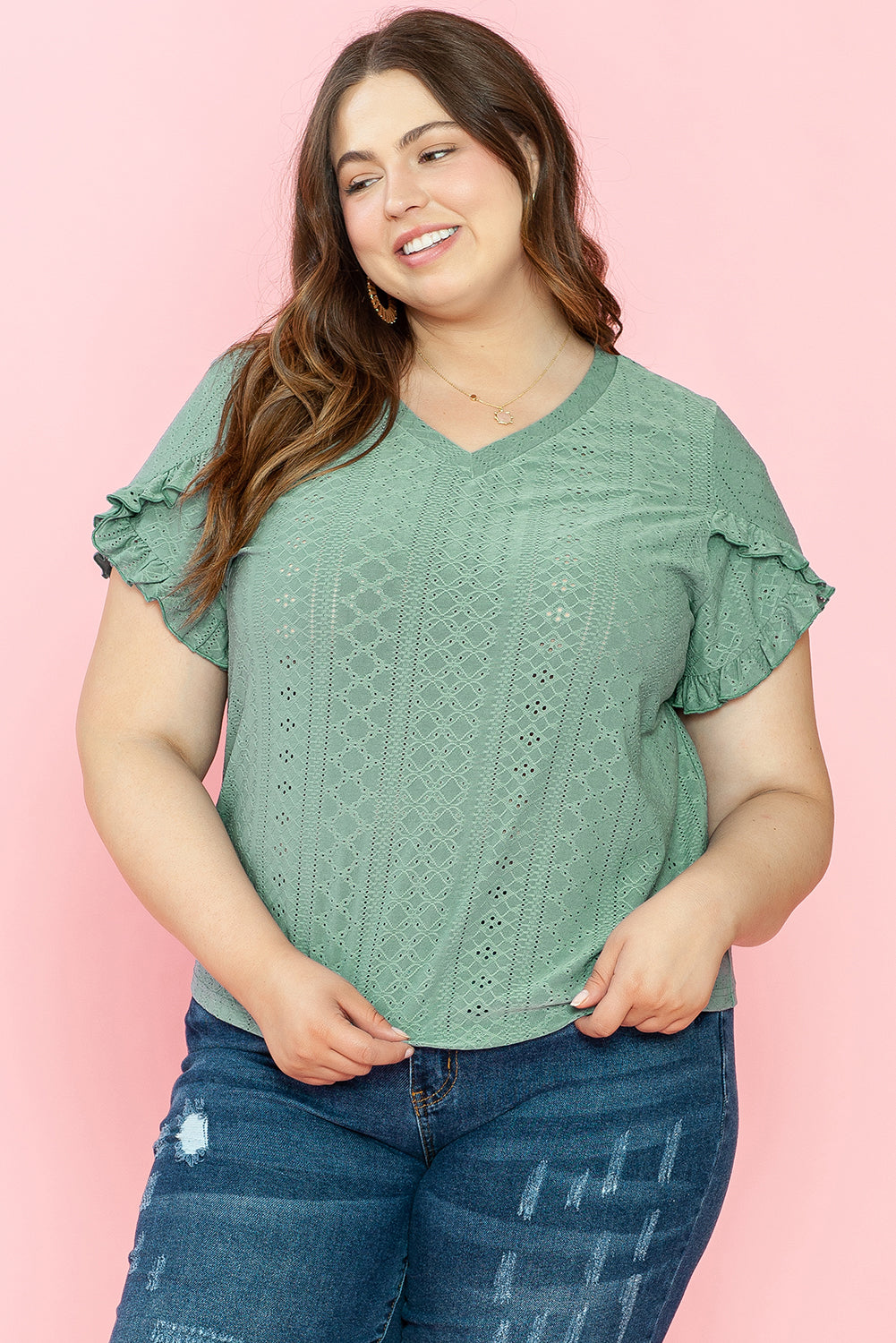 Blusa con escote en V y mangas de pétalos de jacquard en color verde laurel