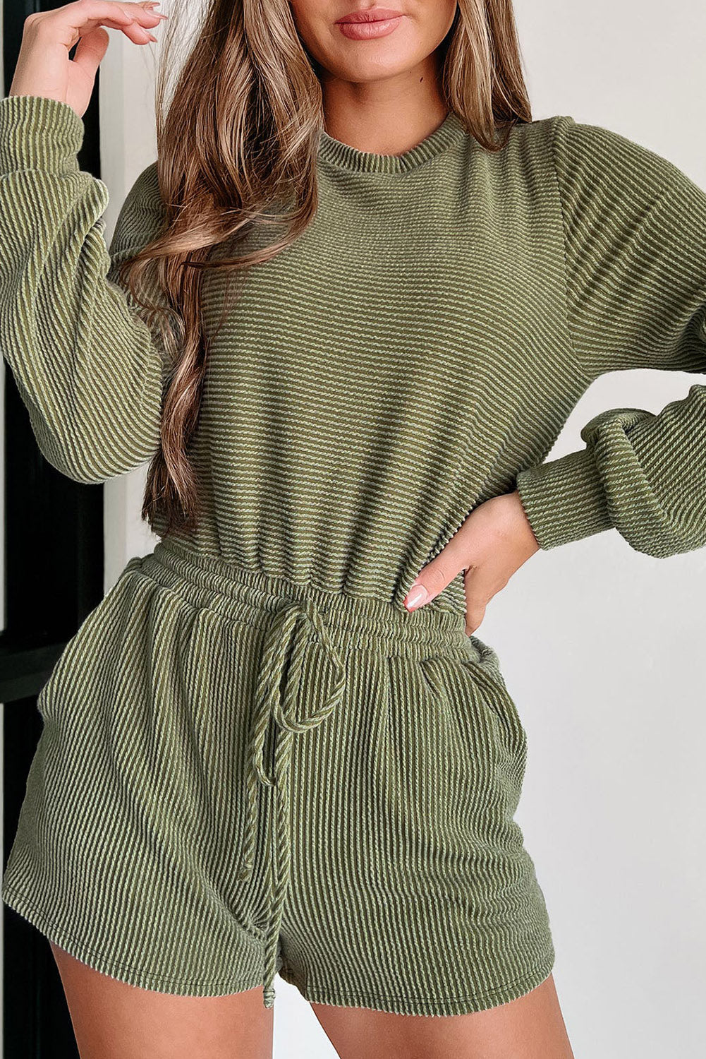 Jungle Green Corded Pullover Long Sleeve Drawstring Romper