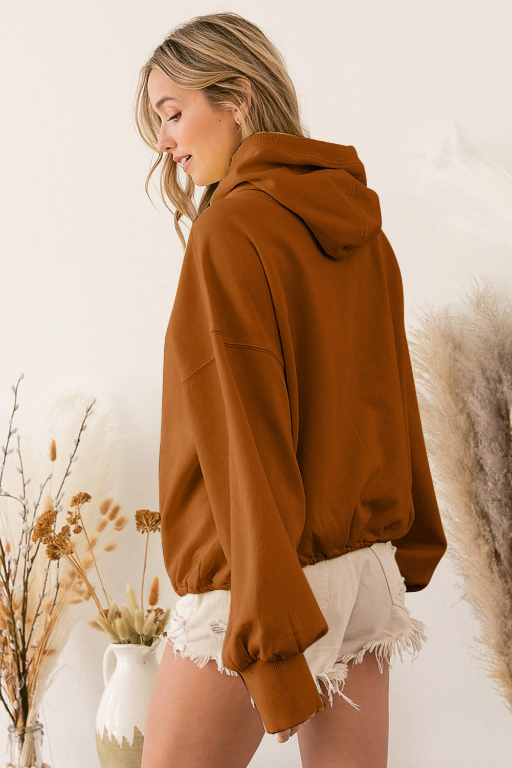 Brown Ribbed Trim Kangaroo Pocket Zipped Hoodie