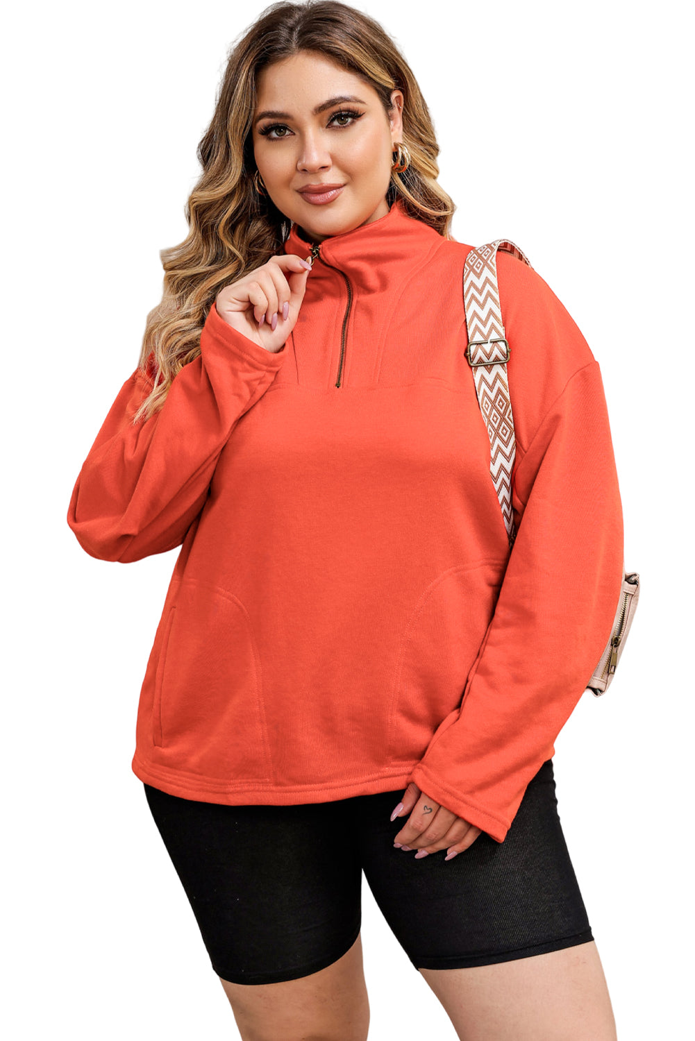 Orange O-ring Zipper Pocketed Plus Size Sweatshirt