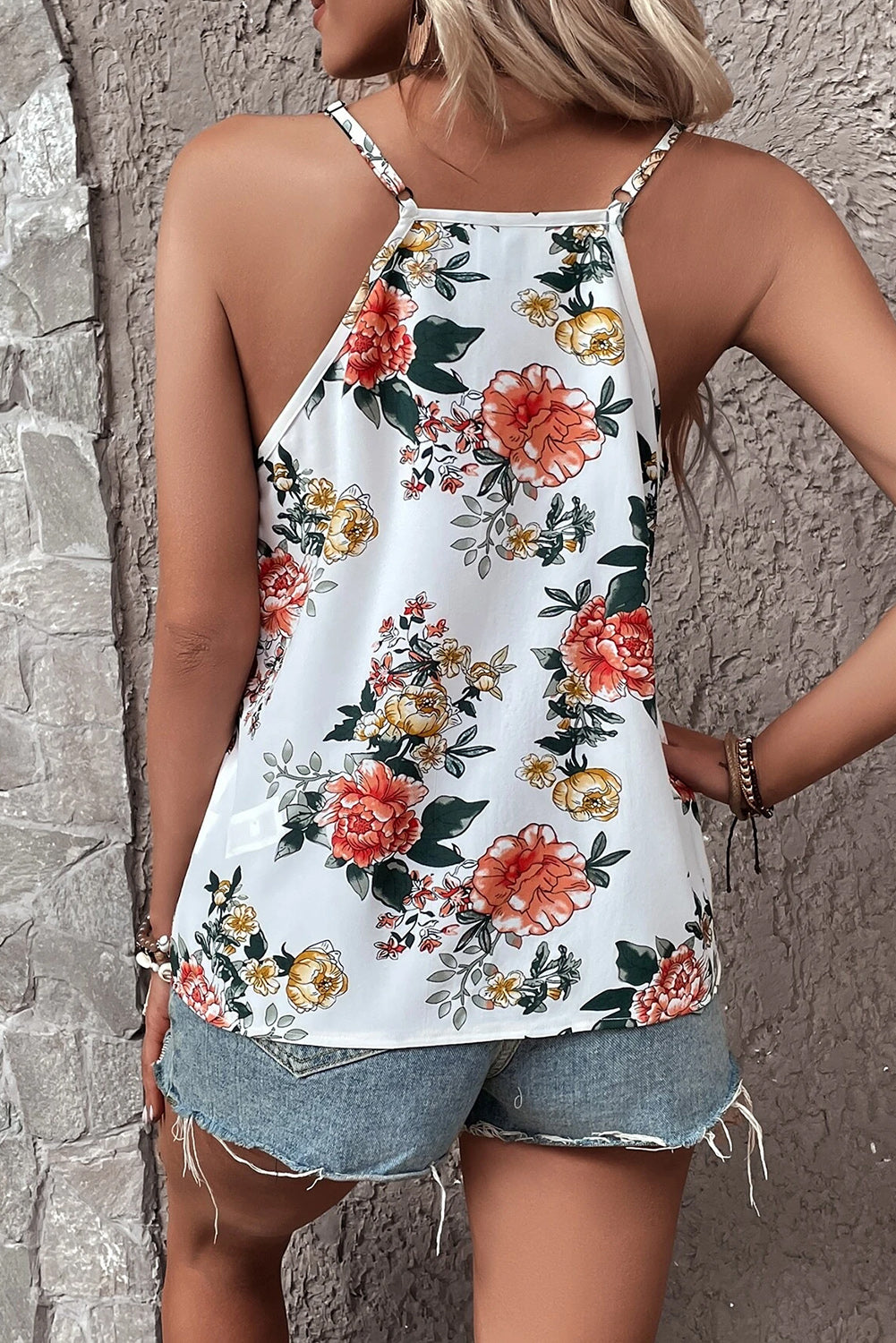 Camiseta sin mangas con escote en V y encaje con estampado floral blanco