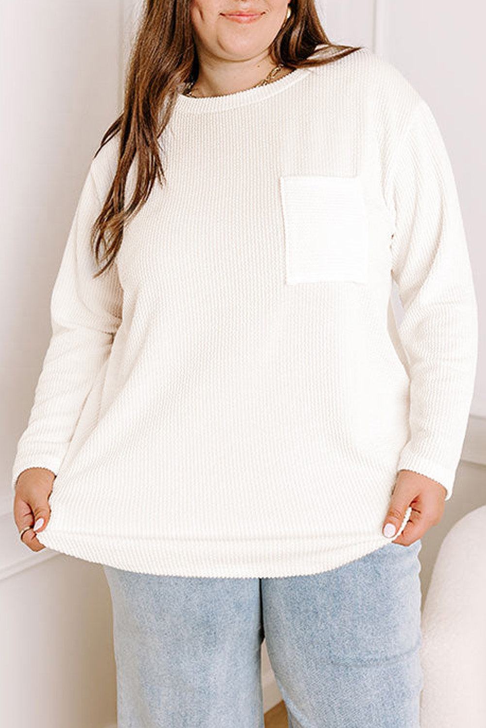 White Plus Size Ribbed Textured Long Sleeve T Shirt