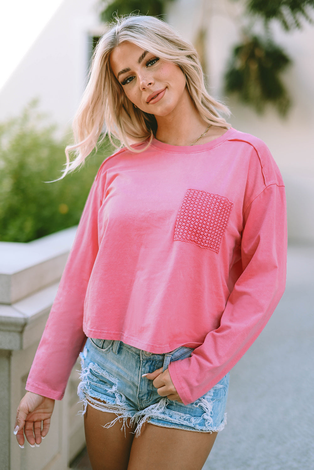 Pink Lace Patch Pocket Long Sleeve T-shirt