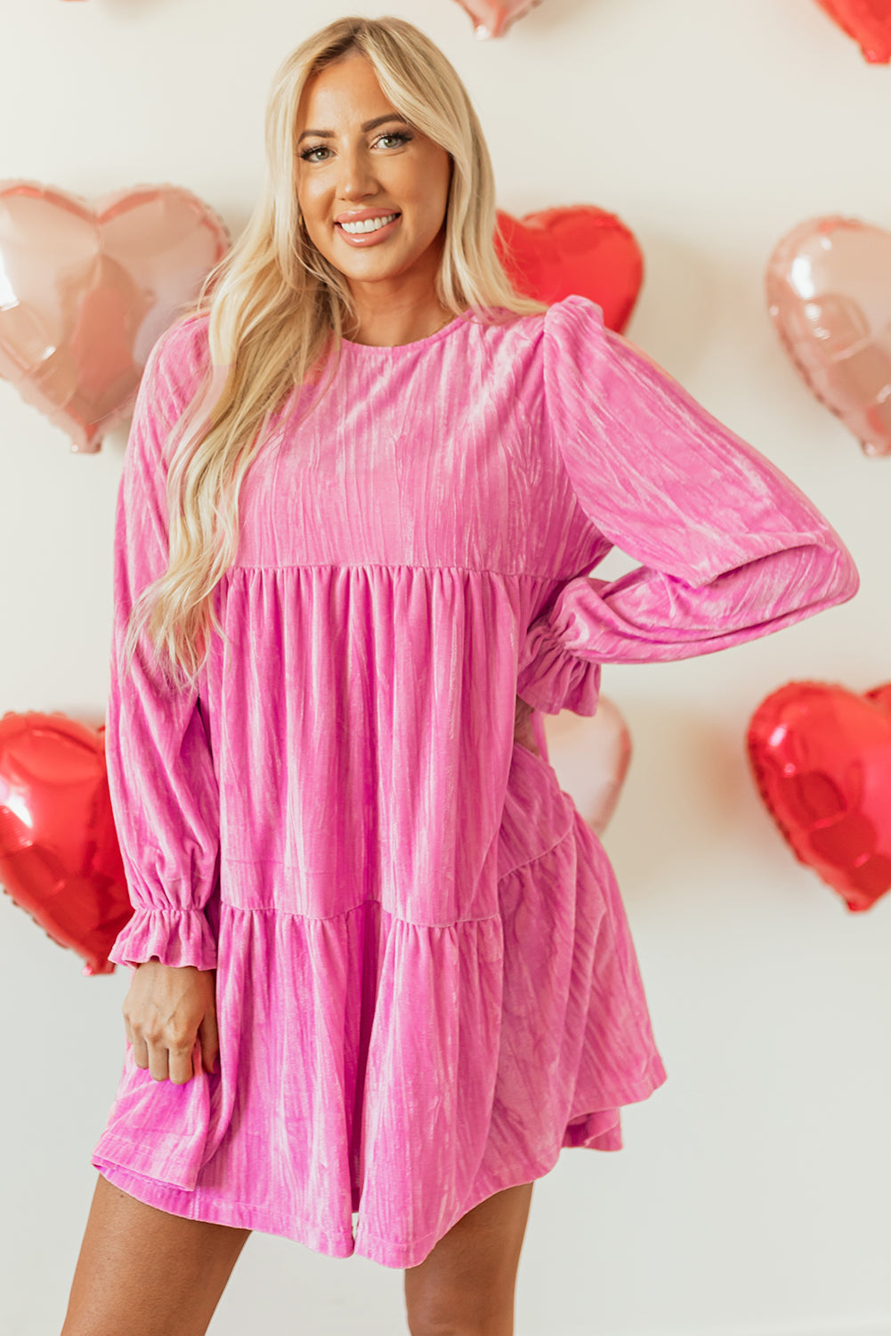 Strawberry Pink Flounce Sleeve Tiered Ruffled Velvet Mini Dress