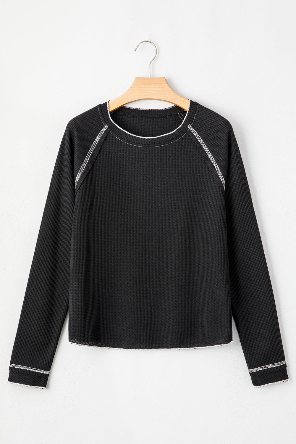 Black Textured Round Neck Long Sleeve Top