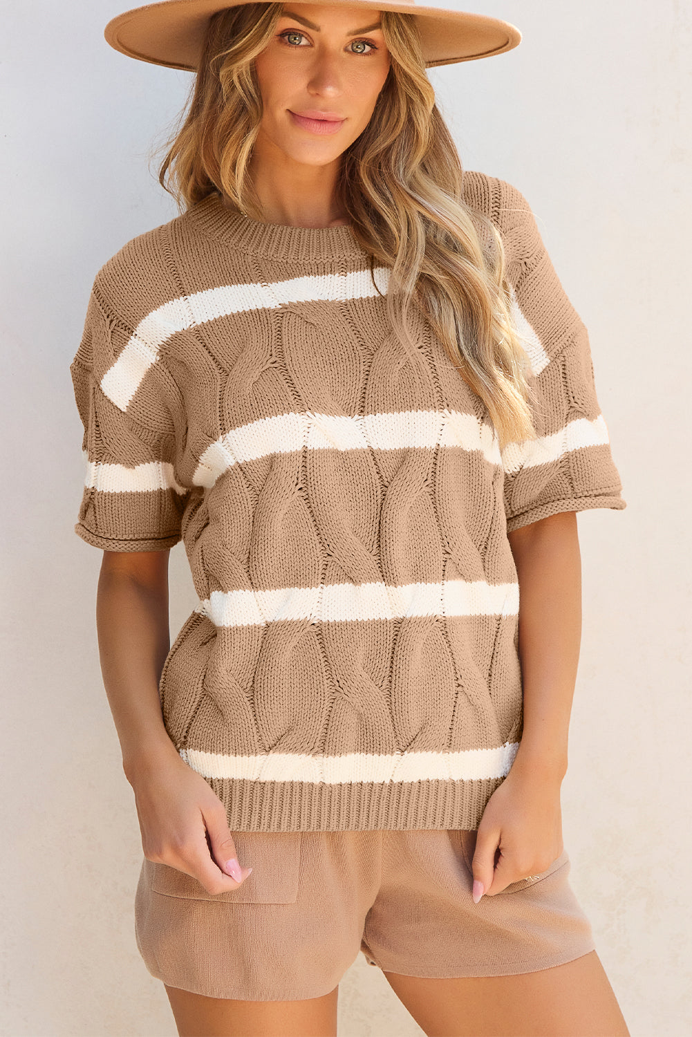 Dark Khaki Striped Cable Short Sleeve Sweater