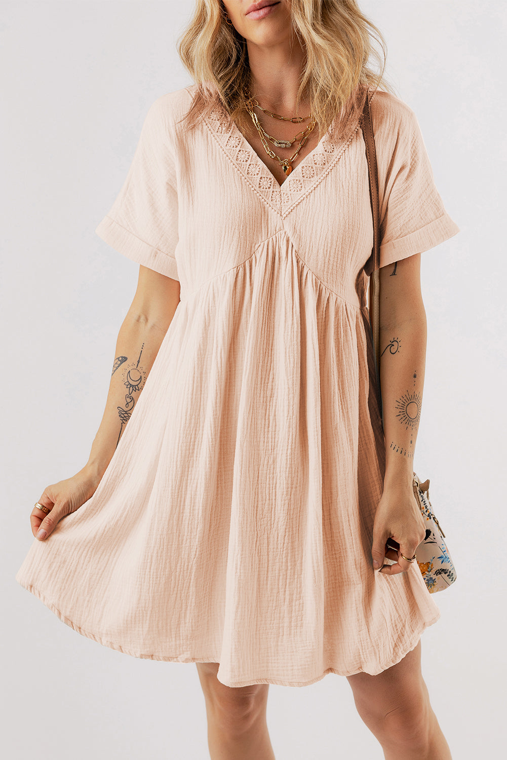 Beige Folded Short Sleeve Lace V Neck Mini Dress