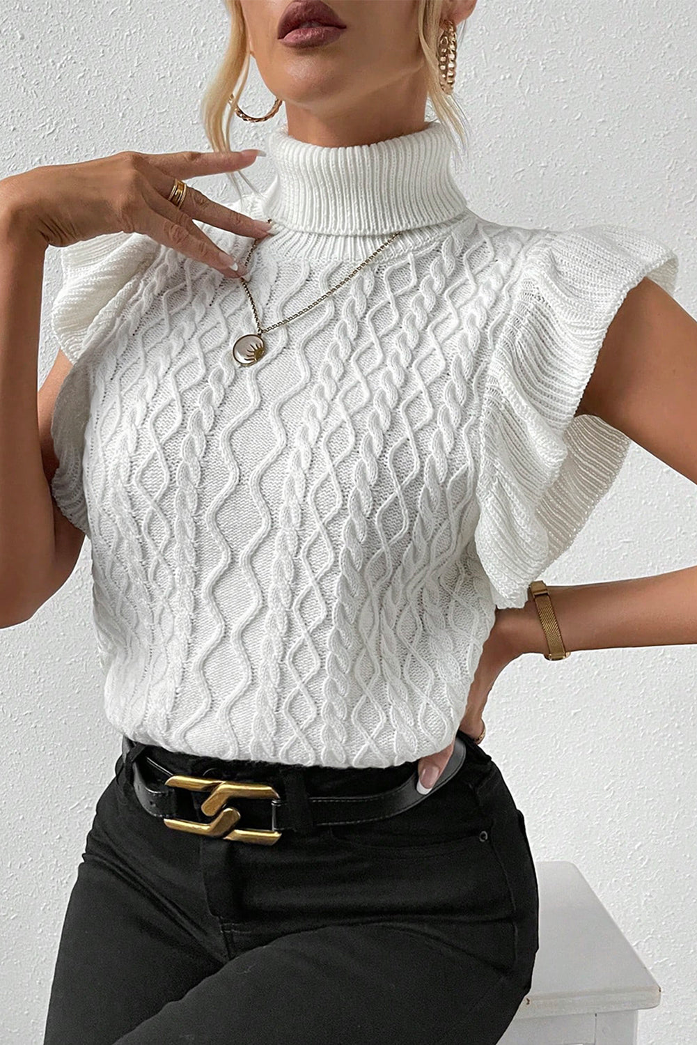 White Turtle Neck Short Sleeve Cable Knit Ruffled Sweater