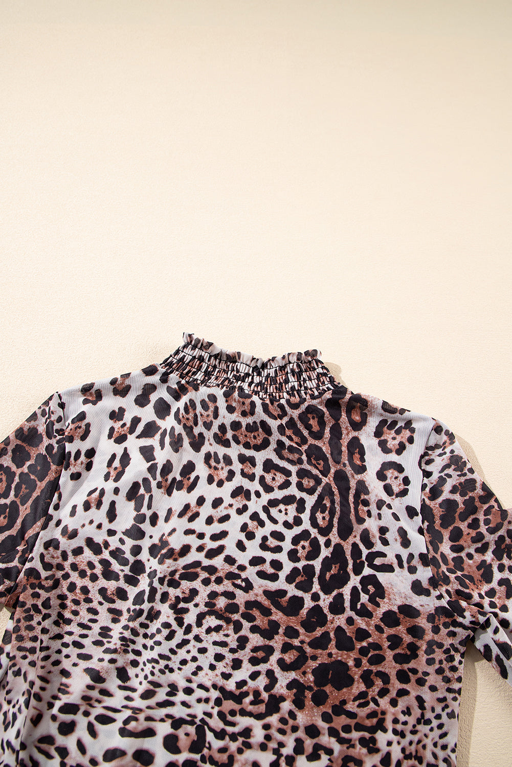 Brown Leopard Smocked Neck Mesh Long Sleeve Bodysuit