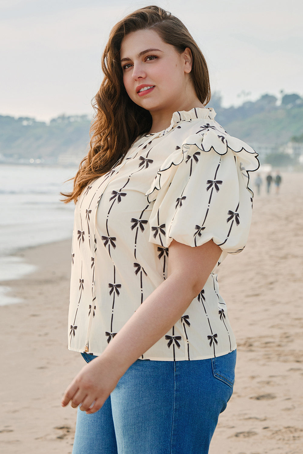 Apricot Bow Printed Ruffled Bubble Sleeve Lace-up Notched Neck Plus Size Blouse