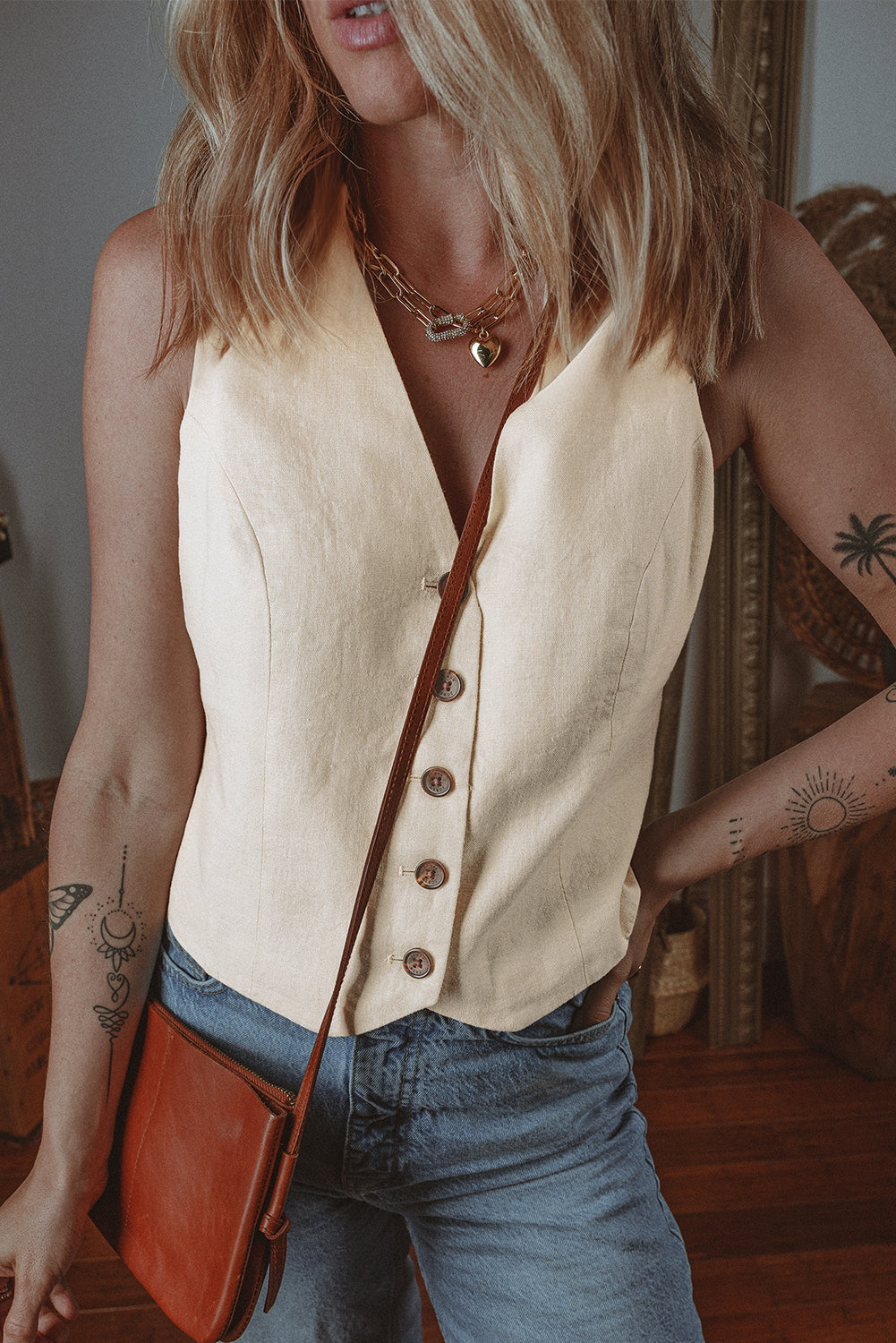 White Slim Fit Buttoned V Neck Vest