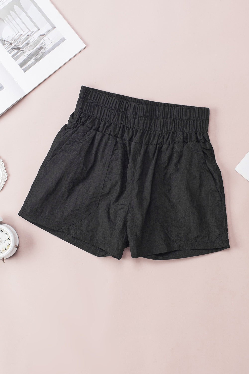 Black Elastic High Waist Side Pockets Shorts